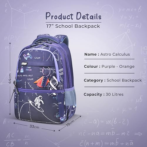 Image of Gear Astro Calculus 17 inch /30L Large Water Resistant School Bag | Casual Backpack | Daypack | Travel Backpack | Kids Bag for Boys /Girls (Purple - Orange)