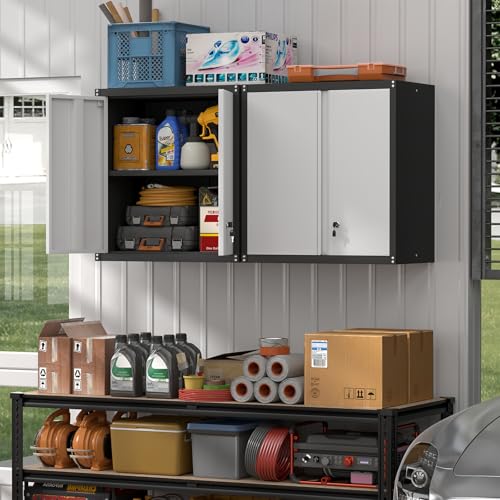 Image of Steel Wall Cabinet, Heavy Duty Hanging Garage Storage Cabinet with Adjustable Shelf & Locking Doors, Wall Mounted Metal Garage Cabinet for Workshop, Utility Room, Shed, Black /Grey