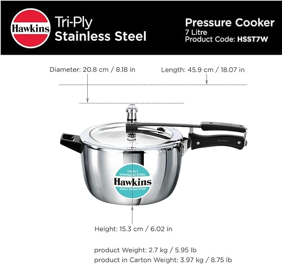 HAWKINS Triply Stainless Steel Pressure Cooker,Wide Cooker, Inner Lid Cooker, (HSST7W) 7 litres Silver