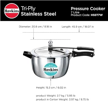 HAWKINS Triply Stainless Steel Pressure Cooker,Wide Cooker, Inner Lid Cooker, (HSST7W) 7 litres Silver