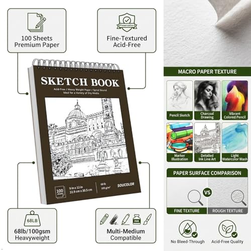 Image of Soucolor Sketch Book 9x12, 100 Sheets Drawing Pad, Art Sketchbook for Kids | 68lb acid-free Paper,no bleed-through, clean erase, top spiral lay-flat, micro-perforated, for kids, adults, all skill levels