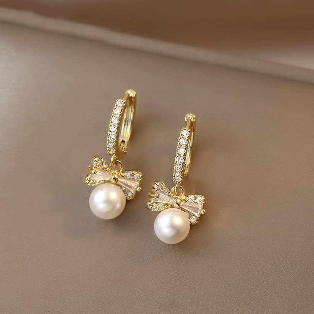MIKAMU 14K Gold Ribbon Bow Stud Hoop Earrings for Women CZ cubic zirconia Dainty Gold Plated Pearl Earring for Women Jewelry - Image 6