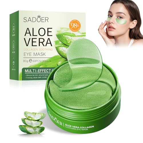 60 almohadillas para los ojos de aloe vera, antiojeras, con ácido hialurónico y colágeno para antienvejecimiento, reduce las arrugas y la hinchazón con humedad refrescante