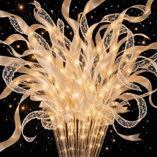 30 PCS Warm White LED Wedding Wands with Ribbons Bells 3 Light Modes
