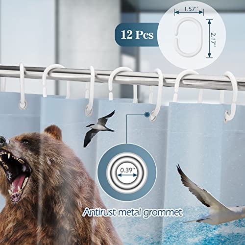 Image of Funny Shark Bear Shower Curtain - Fun Bear Riding Shark in Ocean Wave Cool Shower Curtains Set with 12 Hooks for Adults Wild Bathroom Decor Accessories, 72 inchx72 inch, Blue Brown