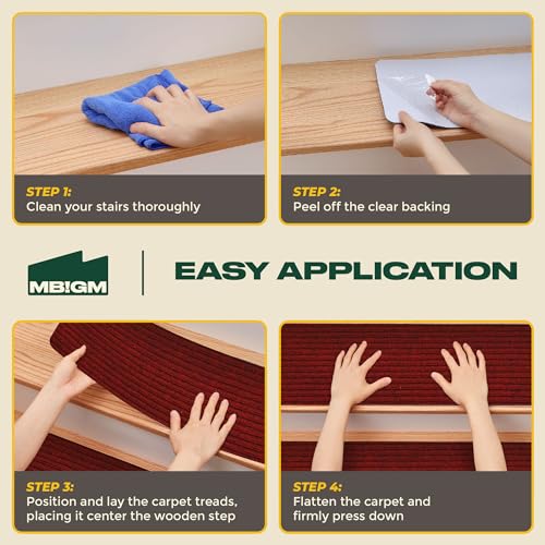 MBIGM 8" X 30" (15 in Pack) Non-Slip Carpet Stair Treads Non-Skid Safety Rug Slip Resistant Indoor Runner for Kids Elders & Pets with Reusable Adhesive - Red - Carpet Pads for Stairs