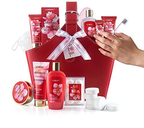 Home Spa Kit Gift Set, Japanese Cherry Blossom Bath Set, 25Pcs Shower Gel Body Lotion Shower Steamers Shampoo Tooth Paste & Brush In Leather Tote Bag Luxury Bath & Shower Package For Women #TOP7