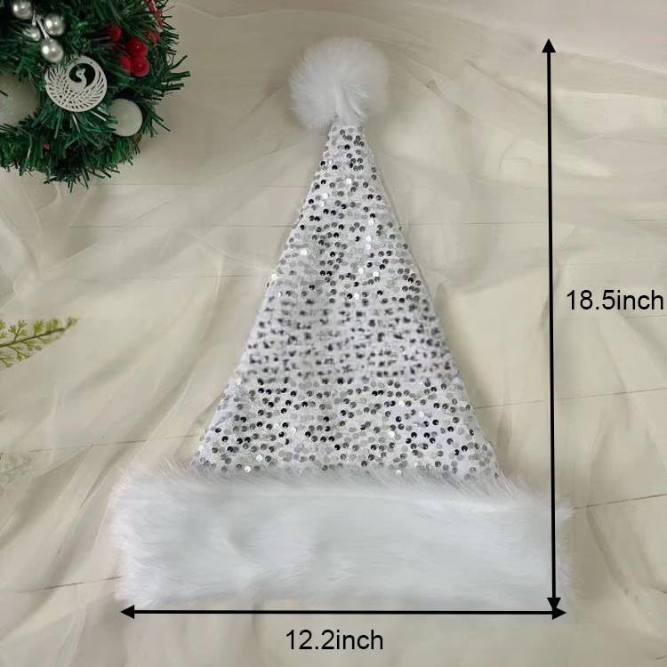 Silver Sequined Santa Hat - Shiny Unisex Soft Plush Deluxe Xmas Santa Claus Cap, Velvet Comfy for Christmas New Year Party, Fancy Dress, Xmas Tree Decorations Adults - Image 2