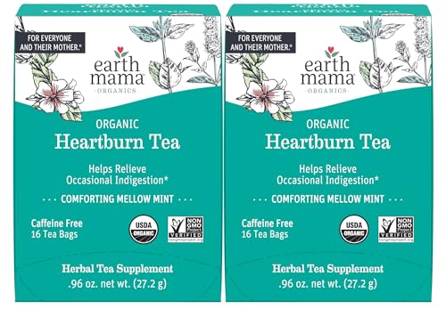 Earth Mama Organic Heartburn Tea | Pregnancy-Safe Soothing Herbal Blend with Marshmallow Root, Lemon Balm & Chamomile, 16 Teabags Per Box (2-Pack)