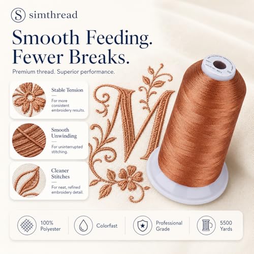 Image of Simthread 5500Yds /5000M 40WT Polyester Embroidery Thread Light Copper S013 | High-yardage 5000M spool offers smooth feeding and stable 40WT polyester thread for home and commercial embroidery machines.