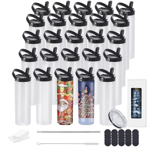 Stvyar 20oz sublimation sport tumblers blanks ，flat edge sublimation tumblers，double wall stainless steel insulted cup，for Heat Transfer, White (25, with flex handle lid)
