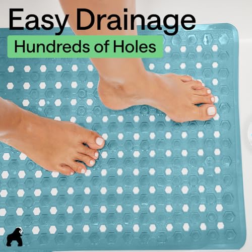 Image of GORILLA GRIP Patented Square Shower Stall Mat, Small Bathtub Floor Mats for Stand Up Showers, Suction Cups and Drainage Holes, Machine Wash, Soft on Feet, Bathroom Accessories 21x21 Inch, Turquoise