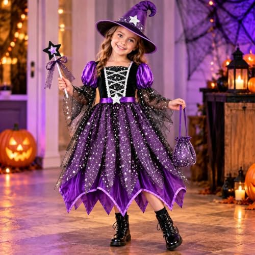 4 Piece Halloween Witch Dresses Set for Kids Girls Cute Dress Up Outfit - image 3