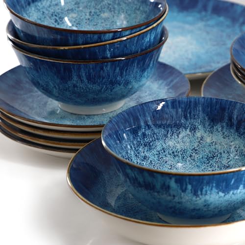 Elama Oceanus 16 Piece Porcelain Double Bowl Dinnerware Set in Blue, Tableware Service for 4
