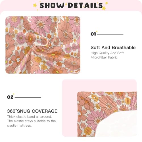 Image of CaTaKu Mini Crib Sheets Fitted for Girls Boys Retro Orange Flower Baby Crib Sheets, Neutral Mattress Sheets Nursery Toddler Bed Sheets 28 inchx 52 inch