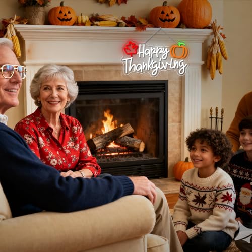Image of Happy Thankgiving Neon Sign Thanksgiving Autumn Harvest Pumpkin Decoration LED Neon Light for Wall Decor Bedroom Living Room Kitchen USB Powered Adjustable Light Decor