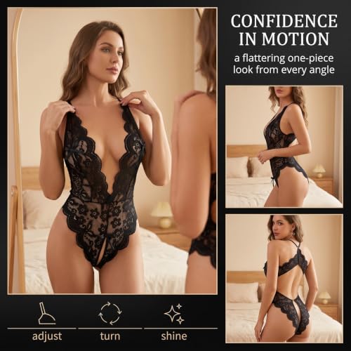 YFAHEB Body et Combinaison Tenue Sexy Femme, Sexy Lingerie Erotique Dos Nu en Dentelle Décolleté en V Lingerie Culotte Ouverte Erotique Nuisette Sous-Vêtements Ensemble,M – vue 5