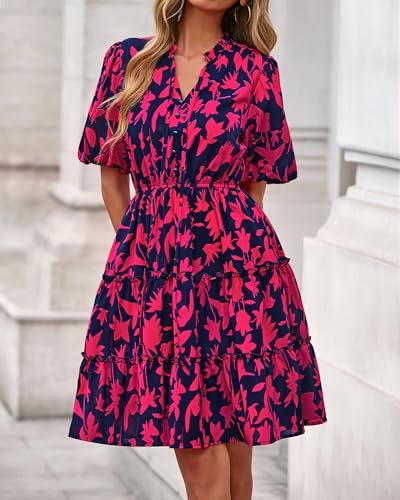 Image of BTFBM Women Summer Floral Short Dresses V Neck Short Sleeve Tiered Ruffle Boho Swing Dress A-Line Mini Dresses