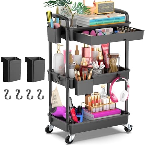 Goovilla 3 Tier Rolling Utility Cart Organizer with Removable Drawer, Stable and Sturdy Black Rolling Storage Carts with 2 Lockable Wheels for Bathroom, Kitchen, Snack, Craft, Makeup, Baby Essentials