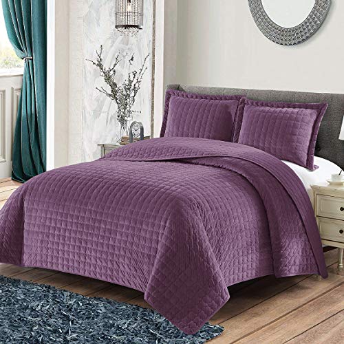 Royal Tradition Plush Velvet Purple Coverlets, King/California King Oversized 3Pc Quilt Set (110-Inch Wide X 96-Inch Long) All Seasons Quilted Checkered Bedspread #TOP1