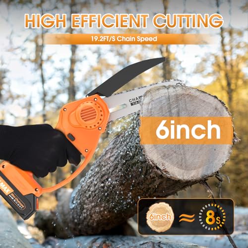 Mini Chainsaw 6 inch Cordless, 21V/2Ah Battery Powered Chain Saw for Branch Pruning with 2 Chains, 2 Battery, Portable Electric Handheld Small Chainsaw w/Security Lock, for Tree Trimming