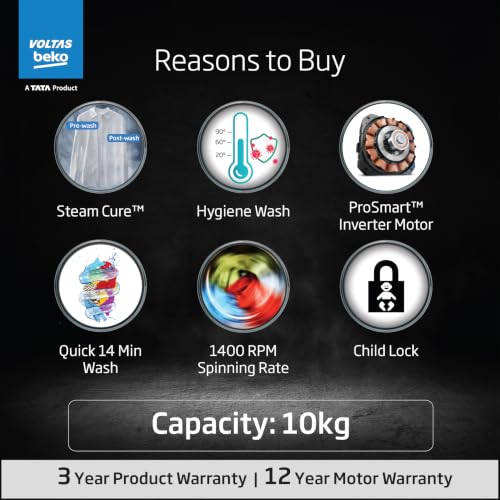 Image of Voltas Beko, A Tata Product 10 Kg 5 Star Inverter Quick wash Fully-Automatic Front Loading Washing Machine (WFL1014B7JVBKA / AXV, Anthracite, In buit Heater /Hygiene steam)