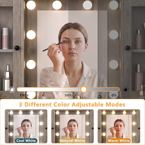 Image of HUANLEGO Grey Vanity Desk with Mirror and Lights for Girls Women | Makeup Vanity Mirror with Lights, LED RGB Lights Strip, Power Outlet, 7 Drawers, 2 Storage Cabinets, 3 Color Modes Adjustable