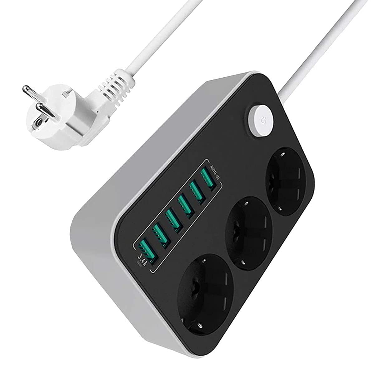 Multipresa, Multipresa Elettrica Con USB Ciabatta Con 3 Prese Elettriche E 6 Porte Di Carica USB Un Interruttore Di Controllo Con Protezione Da Sovraccorrente 2500W 17W 5V 3.4A Cavo 1.6M, Nero-Grigio