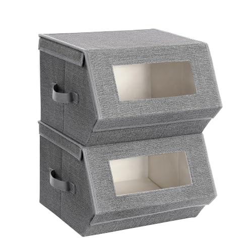 SONGMICS Stackable Storage Bins, Set of 2, with Lids and Front Windows | Closet Organizers, Non-Woven Fabric, Magnetic Closures, Side Handles, Slate Gray and Summer Sand, TINA Collection URPLB02G