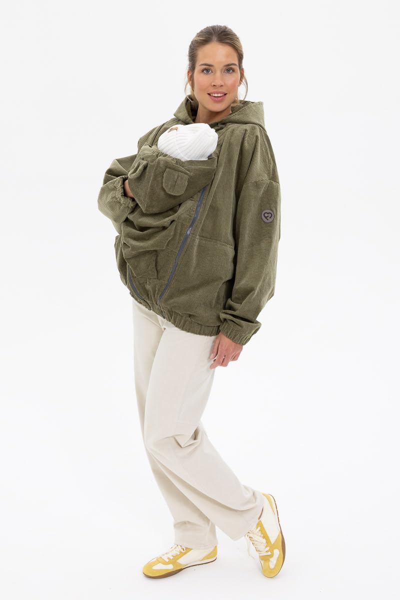 fun2bemum Cordjacke 3 in 1 Tragejacke Baby Umstandsjacke Oversize Herbstjacke für Mama mit Babytrage aus Baumwolle mit Einsatz (Groß, Olive)