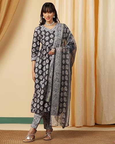 Image of TADKEE Women's Anarkali Printed V-Neck Kurta with Pant & Dupatta | 3 /4 Sleeve | Kurta Set for Women | Ethnic Set for Women | Dupatta Set |Suit Set