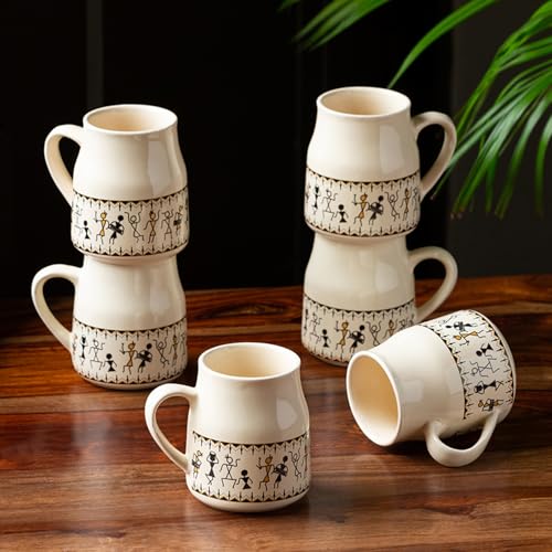 Image of ExclusiveLane 'Warli Village Tales' Ceramic Tea Cups Set of 6 for Tea Cups Ceramic (140 ml, Microwave Safe, Dishwasher Safe, Beige)| Coffee Cup Set Ceramic Cups Set of 6 Tea Cup Ceramic Drinkware