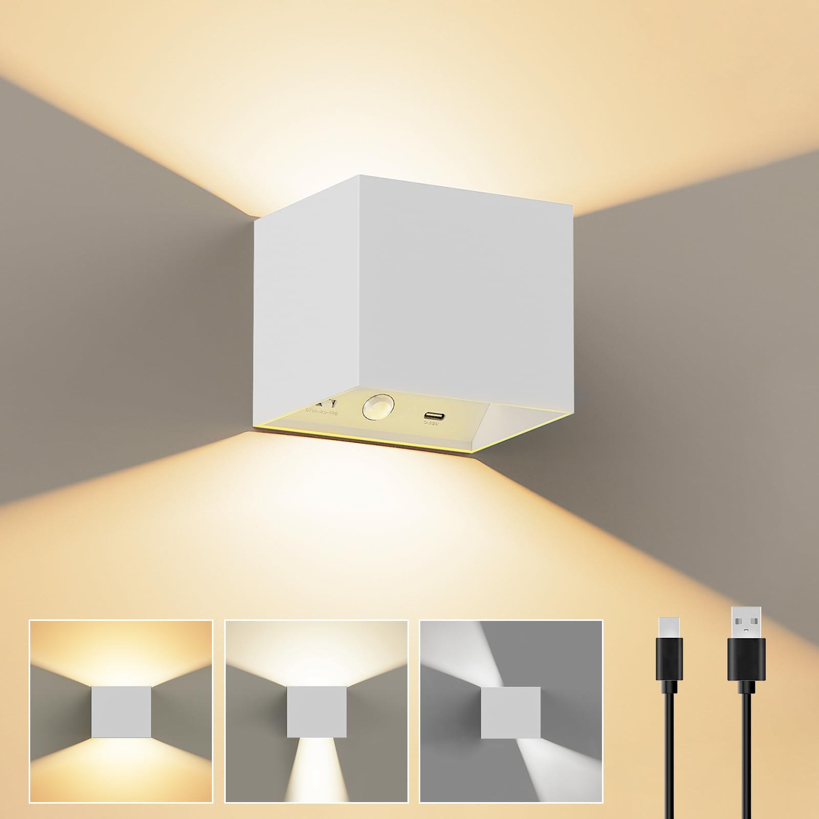 SENFAY Akku Wandleuchte mit Bewegungsmelder, USB Aufladbare Wandlampe, Weiß