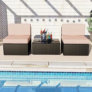 yoyomax 3PCS Patio Furniture, Weather PE Rattan Sectional Set Sofa & Tempered Glass Including, Beige, 2 armless Sofa+1 Coffee Table