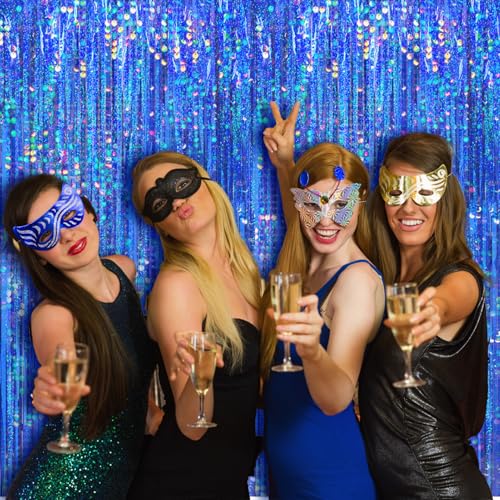 Image of 4 Packs Blue Foil Fringe Curtain, Navy Blue Metallic Tinsel Backdrop for Birthday, Wedding, Baby Shower, Bachelorette, Graduation, Galaxy Space Party Decorations Supplies