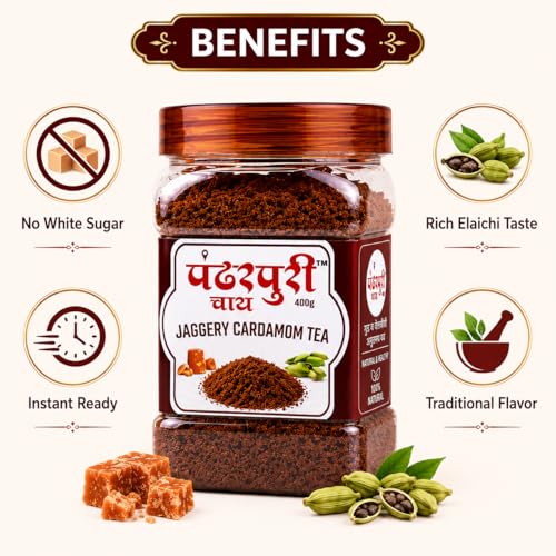 Image of Pandharpuri Chay Jaggery Cardamom Tea Premix | 400gm | Natural Elaichi Instant Chai | Assam Tea Blend with Pure Jaggery | No Added Sugar or Preservatives