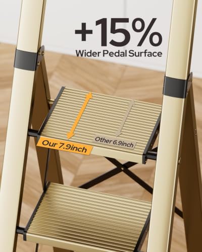 Image of 6 Step Ladder for 12 Feet High Ceiling, Lightweight Aluminum Folding Step Stool with Convenient Handgrip, Stepladders with Anti-Slip and Wide Pedal for Home Use Space Saving - Gold