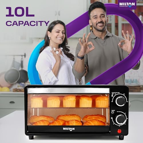 Image of Milton 10L OTG Oven Toaster Griller for Kitchen | 800W | Royal Black Finish | Auto Shut-Off | 250C Thermostat | Timer, Bell & Tempered Glass | Easy to Clean | Includes Grill Rack & Baking Tray