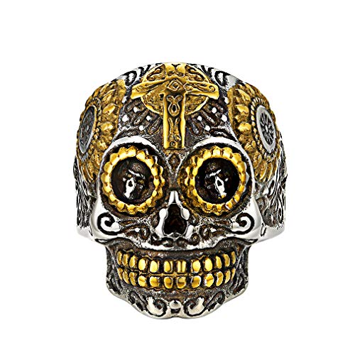 FaithHeart Vintage Skull Band Ring Stainless Steel Gothic Skeleton Biker Rings for Men Hip-Hop Accessory Punk Jewelry (Send Gift Box) Size 11