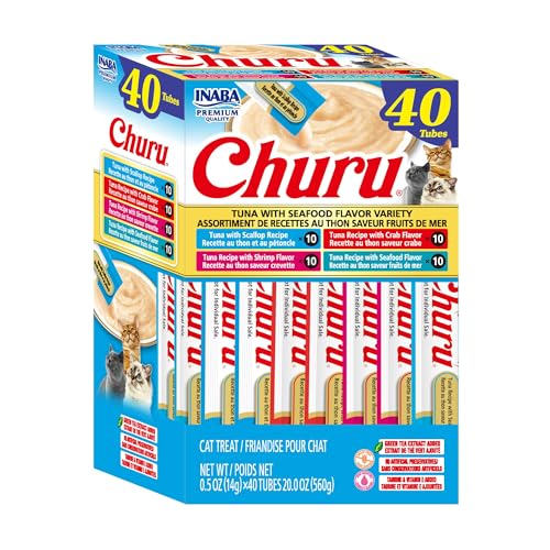 Image of INABA Churu Cat Treats, Lickable, Squeezable Creamy Puree Cat Treat with Green Tea Extract & Taurine, 0.5oz. Each Tube, 40 Tubes, Tuna with Seafood Flavor Variety