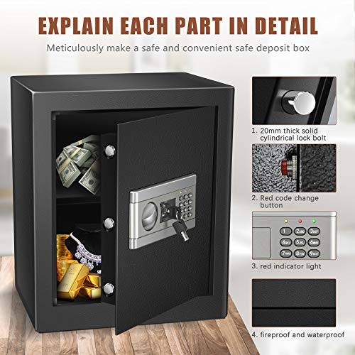 1.53Cub Security Safe Lock Box, Fireproof and Waterproof Safe Cabinet, Digital Combination Lock Safe, with Keypad LED Indicator, for Home Office Hotel Business Cash Gun Document Money Jewelry (Black)