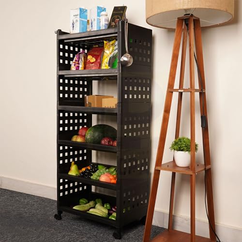 Image of LEOPAX 6 Layers Plastic Rolling Storage Rack | Multipurpose Stackable Storage Rack with Wheels for Kitchen Laundry Room Bathroom Office Home - Black (50 x 30 x 117cm)