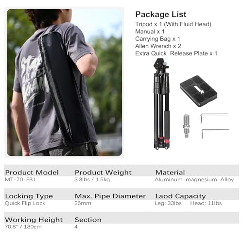 Image of Camera Tripod, 70 inch Video Tripod with Fluid Head, Aluminum Heavy Duty Tripod with Carry Bag, Professional Camera Tripods & Monopods, Compatible with Canon, Sony, DSLR, Camcorder (TM70-FB1)