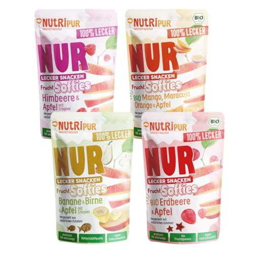 NutriPur Frucht Softies BIO 4er Set - Fruchtgummi ohne Gelatine: Natürliche Snacks aus Fruchtsaftkonzentrat von Beeren und exotischen Früchten, 4 Packungen Fruchtgummi vegan, rein pflanzlich
