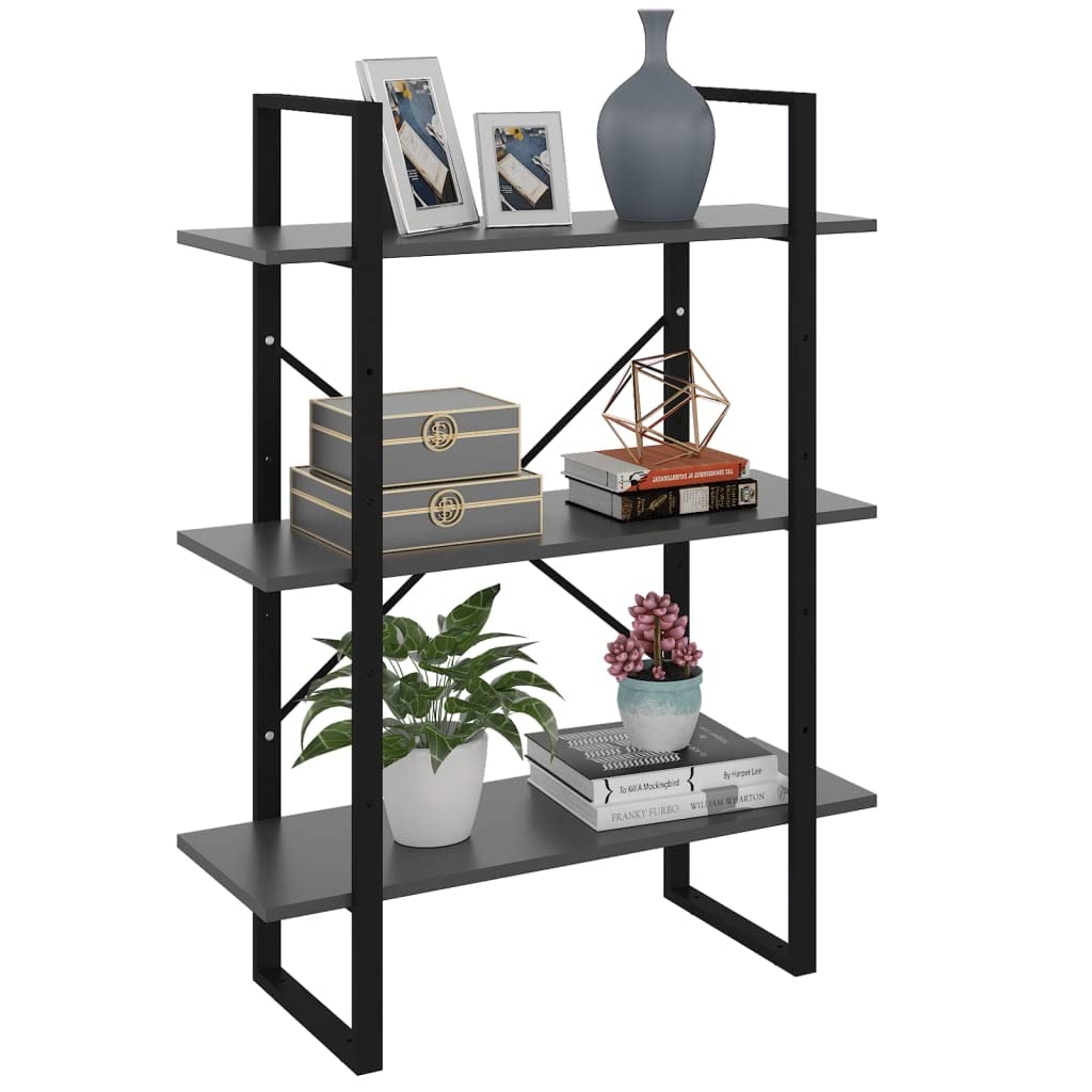 Générique Bibliothek aus Holz, 80 x 30 x 105 cm, 3 Regale, Grau | Stabiler Metallrahmen, Aufbewahrung für Bücher und Dekorationen, einfache Reinigung mit feuchtem Tuch