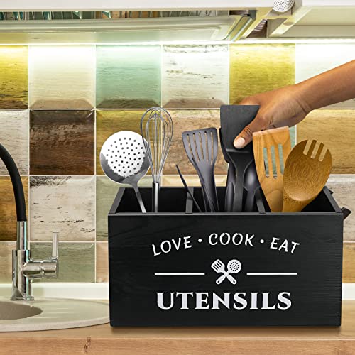 MINCORD Kitchen Utensil Holder with 3 Compartments, Rustic Wooden Storage Organizer Box Vintage Cutlery Farmhouse Flatware Utensil Caddy Countertop for Silverware Fork Spoon Spatula by MINCORD - Image 6