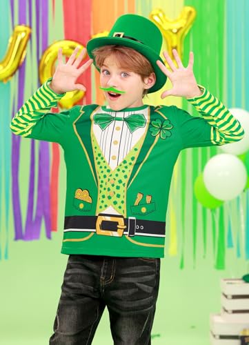 Image of Unisex Kid's St Patrick's Day Shamrock Top Striped Patchwork Irish Clover Long Sleeve Shirt 4-14 Years