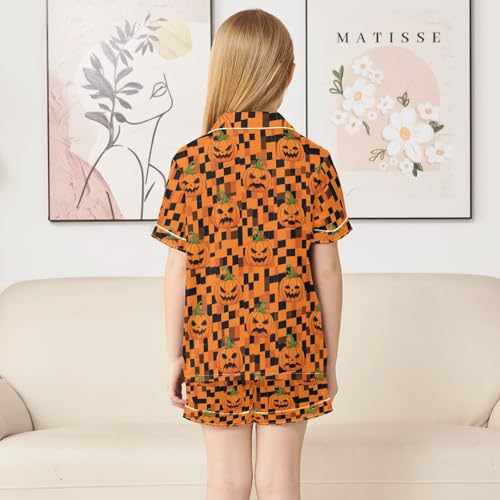 Satin Pajama Sets Short Sleeve Pumpkin Pattern Button Down Silky Nightwear 2 Piece PJS 5-14Y4