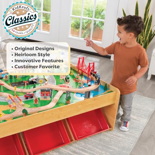 kidkraft waterfall mountain wooden train set amp table with 120 pieces 3 storage bins