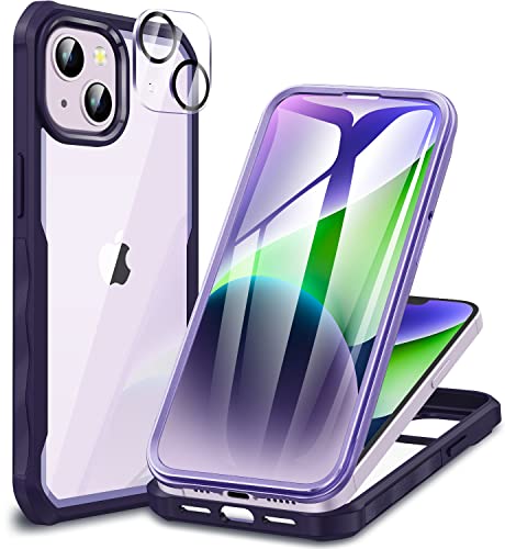 CENHUFO Cover iPhone 14/iPhone 13, con Protezione Schermo Vetro Temperato e Pellicola Fotocamera [9H HD] 360 Gradi Antiurto Case Rugged Fronte Retro Doppia Custodia per iPhone 14/iPhone 13 - Viola